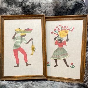 Set of 2 Vintage 70s Crewel Embroidered
Folk Art Framed